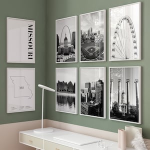 Conjunto de 8 carteles del estado de Missouri, foto de viaje MO - Fotografía en blanco y negro del estado de Missouri de St. Louis, arte de pared de 8 piezas - Impresión fotográfica de galería digital