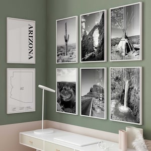 Arizona Schwarz-Weiß-Foto, 8-teiliges Wandkunstwerk von AZ – Desert Arizona Set mit 8 Drucken – Reise-Digital-Download-Galerieposter – Karte von Arizona