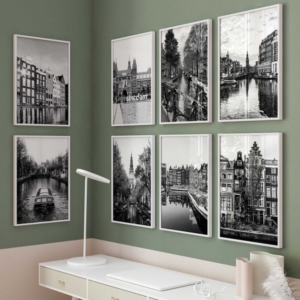 Amsterdam Netherlands Black and White Photo 8 Piece Wall Art – Amsterdam Netherlands Set of 8 Prints Travel Digital Download Gallery Posters