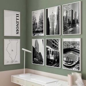Illinois zwart-wit foto 8-delige kunst aan de muur – Illinois set van 8 prenten IL – reizen digitale download galerij posters – Illinois decor IL
