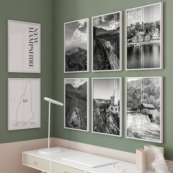 New Hampshire Black and White Photo 8 Piece Wall Art - New Hampshire Set of 8 Travel Photo - New Hampshire Digital Download Printable Map