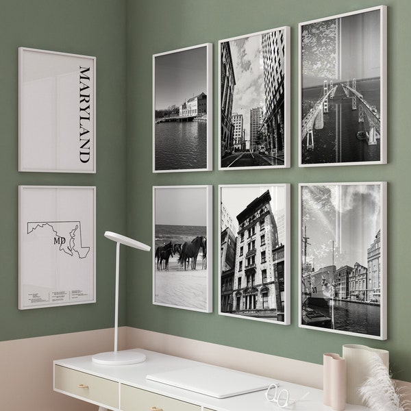 Maryland Black and White Photo 8 Piece Wall Art - Maryland Set of 8 Travel Photo MD - Maryland Map Printable Digital Gallery Photography MD