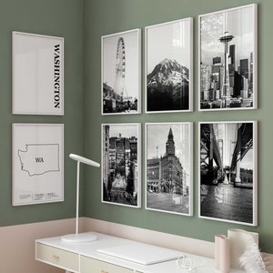 8 oeuvres d'art murales en noir et blanc de l'État de Washington - Ensemble de 8 impressions Washington - Posters de galerie de téléchargement numérique de voyage Washington
