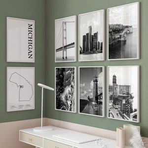 Michigan Schwarz-Weiß-Foto 8-teilige Wandkunst – Michigan-Set mit 8 Drucken – Reise-Digital-Download-Galerie-Poster – Michigan-Dekor