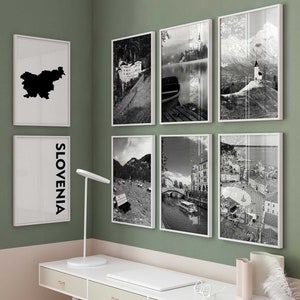 Slowenien Schwarz-Weiß-Fotografie 8-teilige Wandkunst – Slowenien Karte Druck Set von 8 Prints – Digital Download Galerie Poster Wanddeko Geschenk