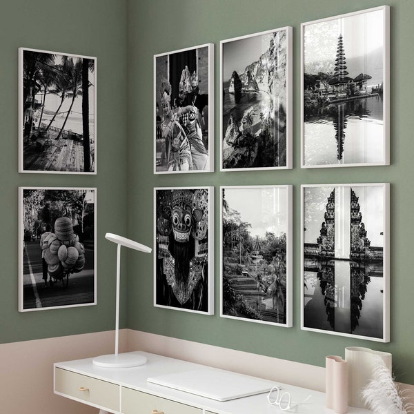 Bali Indonesia Black and White Photo 8 Piece Wall Art – Bali Indonesia Set of 8 Prints – Living Room Travel Digital Download Gallery Posters