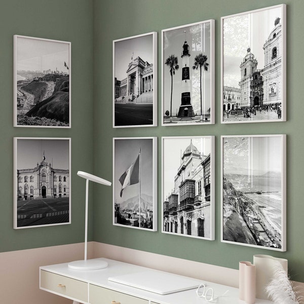 Lima Peru Black and White Photo 8 Piece Wall Art – Lima Peru Set of 8 Prints – Monochromic Photo Travel Digital Download Gallery Posters