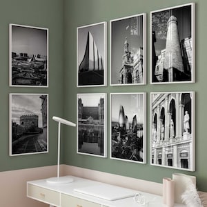 Baku Aserbaidschan Schwarzweißfoto 8-teiliges Wandbild – Baku Aserbaidschan Set mit 8 Drucken – Baku Travel Digitaler Download Galerieposter
