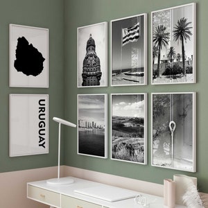 Uruguai Fotografia em preto e branco Arte de parede de 9 peças - Impressão de mapa Conjunto de 9 gravuras - Sala de estar Download digital Galeria de pôsteres Decoração de parede