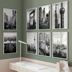 Arte da parete con 8 pezzi di foto in bianco e nero di Shanghai Cina – Set di 8 stampe di Shanghai Cina – Galleria di download digitale di viaggio di Shanghai Poster