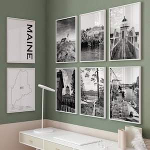 Maine Black and White Photo 8 Piece Wall Art - Maine Set of 8 Travel Photo ME - Maine Map Printable Digital Download Gallery Photography ME