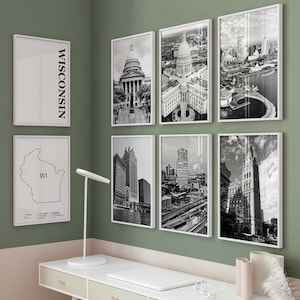 Wisconsin Schwarz-Weiß-Foto 8-teilige Wandkunst – Wisconsin-Set mit 8 Drucken – Reise-Digital-Download-Galerie-Poster – Wisconsin Decor WI