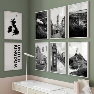 Vereinigtes Königreich Schwarz-Weiß-Fotografie, 8-teiliges Wandkunstwerk – Großbritannien-Kartendruck-Set mit 8 Drucken – Digitaler Download, Galerieposter, Wanddekoration