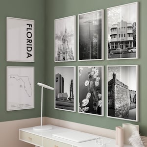 Florida State FL zwart-wit foto 8-delige kunst aan de muur - Florida 8 posters set reisfoto - Florida kaart FL digitale download galerij afdrukken