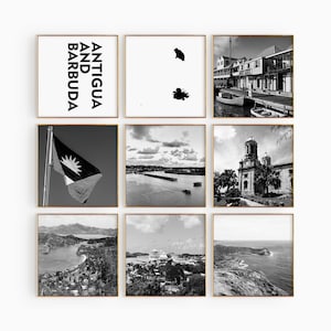 Antigua y Barbuda Square Conjunto de 9 fotografías en blanco y negro – Impresión de mapas Arte de pared de 9 piezas – Galería de descargas digitales Regalo de decoración de sala de estar