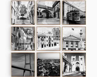 Lisbon Portugal Square Black and White Photograph 9 Piece Wall Art – Lisbon Portugal Set of 9 Prints Travel Digital Download Gallery Posters