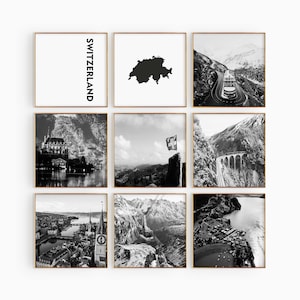 Fotografía cuadrada en blanco y negro de Suiza, arte de pared de 9 piezas – Conjunto de impresión de mapas de Suiza de 9 impresiones – Carteles de la galería de descarga digital