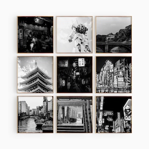 Arte de pared imprimible en blanco y negro de 9 piezas con fotografías cuadradas de Tokio, Japón: conjunto de 9 impresiones de Tokio, galería de descargas digitales estéticas y de moda
