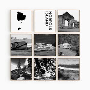 Norfolk Island Square Conjunto de 9 fotografías en blanco y negro – Impresión de mapas Arte de pared de 9 piezas – Galería de descargas digitales Regalo de decoración del hogar de la isla Norfolk