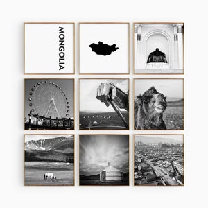 Mongolia Square Conjunto de 9 fotos en blanco y negro – Impresión de mapas Mongolia Arte de pared de 9 piezas – Galería de descargas digitales Regalo de decoración del hogar de Mongolia