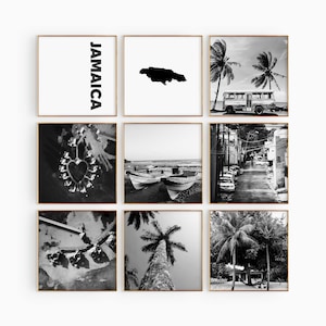 Conjunto de 9 fotografías en blanco y negro de Jamaica Square: impresión de mapas de Jamaica, 9 piezas de arte de pared, descarga digital, galería de apartamentos, decoración del hogar, regalo