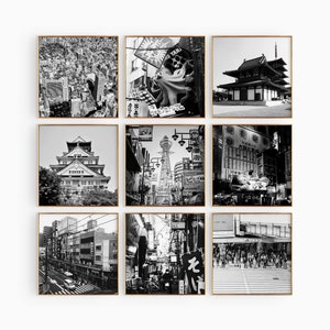 Fotografía en blanco y negro de la plaza Osaka, Japón, 9 piezas de arte de pared – Conjunto de 9 impresiones de Osaka, Japón – Pósteres de galería para descargar en formato digital para viajes, regalo