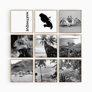 Fotografía en blanco y negro de Martinique Square, arte de pared de 9 piezas – Juego de 9 impresiones de mapas del Caribe – Decoración de carteles de galería de descarga digital
