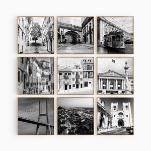 Lissabon Portugal vierkante zwart-wit foto 9-delige kunst aan de muur – Lissabon Portugal set van 9 prenten reizen digitale download galerij posters