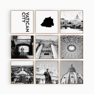 Plaza de la Ciudad del Vaticano Conjunto de 9 fotografías en blanco y negro – Impresión de mapas Arte de pared de 9 piezas – Galería de descargas digitales Regalo de decoración del hogar de la Ciudad del Vaticano