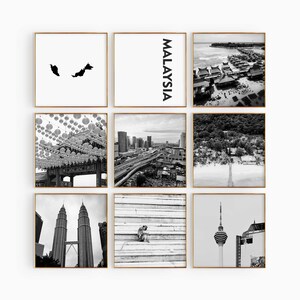 Fotografía en blanco y negro de Malaysia Square, arte de pared de 9 piezas – Impresión de mapa de Malasia, conjunto de 9 impresiones, galería de descarga digital, carteles, decoración de pared