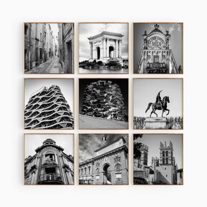 Montpellier France Square Fotografía en blanco y negro 9 piezas Arte de pared - Montpellier Conjunto de 9 impresiones Viajes Descarga digital Pósteres de la galería