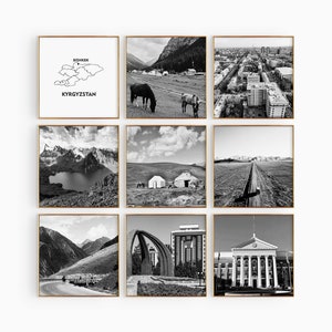 Kirguistán Cuadrado Conjunto en blanco y negro de 9 fotos – Impresión de mapas Kirguistán 9 piezas Arte de pared Estética Galería de descarga digital Regalo de decoración del hogar