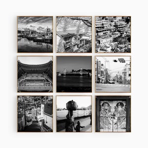 Fotografía en blanco y negro de la plaza Busan, Corea del Sur, 9 piezas de arte de pared: conjunto estético de 9 impresiones, descarga digital de viajes, galería de carteles