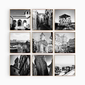 Malaga Spanien Set mit 9 quadratischen Stadtdrucken - Malaga Spanien 9-teilige schwarzweiße Wandkunstdrucke - ästhetischer digitaler Download Fotogalerie