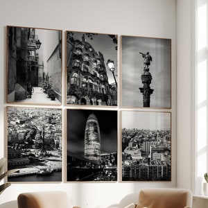 Barcelone, Espagne, photo en noir et blanc, 6 pièces d'art mural imprimable, Barcelone, Espagne, lot de 6 impressions, cadeau tendance pour galerie de téléchargement numérique