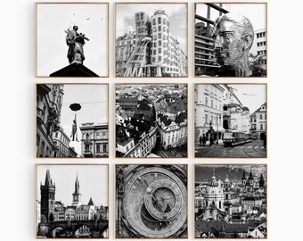 Prague Czech Republic Square Black and White Photograph 9 Piece Wall Art – Prague Set of 9 Prints – Travel Digital Download Gallery Posters