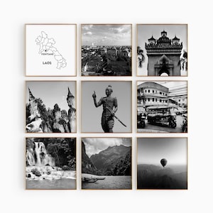 Fotografía en blanco y negro de Laos Square, arte de pared de 9 piezas – Juego de impresión de mapas de Laos de 9 impresiones – Galería de descarga digital carteles decoración de pared regalo