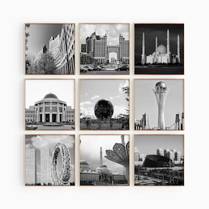 Fotografía en blanco y negro de la plaza Astana, Kazajstán, 9 piezas de arte de pared: conjunto de 9 impresiones, sala de estar, viajes, descarga digital, galería, carteles