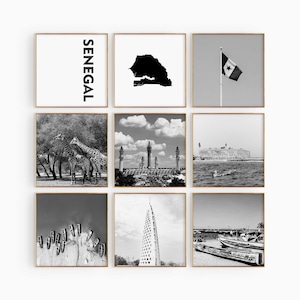 Arte de pared de 9 piezas de fotografía cuadrada en blanco y negro de Senegal, Juego de impresión de mapa de Senegal de 9 impresiones, Galería de descarga digital, Pósteres, Decoración de pared