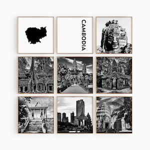 Camboya Cuadrado Blanco y Negro Conjunto de 9 Fotos – Impresión de mapas Sudeste Asiático 9 Pieza Arte de pared Galería de descarga digital Camboya Decoración del hogar Regalo