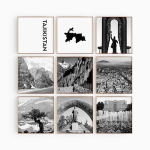 Tayikistán Cuadrado Conjunto en blanco y negro de 9 fotos – Impresión de mapas Tayikistán 9 piezas Arte de pared Galería de descargas digitales Tayikistán Decoración del hogar Regalo