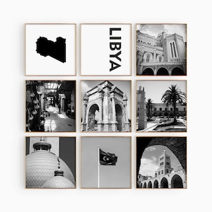 Libia Square Conjunto de 9 fotos en blanco y negro – Impresión de mapas Libia Arte de pared de 9 piezas – Galería de descarga digital estética Regalo de decoración del hogar de Libia