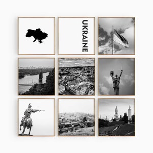 Ucrania Cuadrado Fotografía en blanco y negro 9 piezas Arte de pared – Ucrania Mapa Impresión Conjunto de 9 impresiones – Galería de descarga digital Carteles Decoración de pared