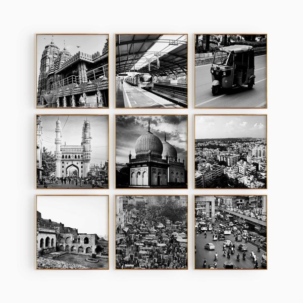 Hyderabad India Set of 9 Square City Prints – Hyderabad India Black and White 9 Piece Wall Art Prints – Digital Download Photo Gallery Gift