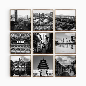 Fotografía en blanco y negro de la plaza Seúl, Corea del Sur, 9 piezas de arte de pared: conjunto estético de 9 impresiones, descarga digital de viajes, galería de carteles
