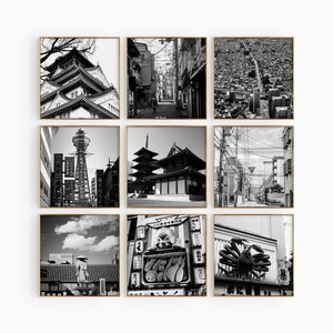 Arte de pared imprimible en blanco y negro de 9 piezas con fotografías cuadradas de Osaka, Japón: conjunto de 9 impresiones estéticas de Osaka, galería de descargas digitales de moda