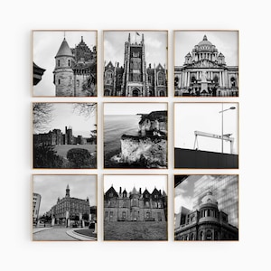 Belfast, Irlande du Nord, photographie carrée en noir et blanc, 9 pièces d'art mural, ensemble de 9 impressions Belfast, cadeau galerie de téléchargement numérique de voyage