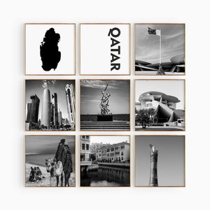 Conjunto de 9 fotos cuadradas de Qatar en blanco y negro, Impresión de mapa de Qatar, Arte de pared de 9 piezas, Galería de descarga digital estética, Regalo de decoración del hogar de Qatar