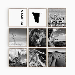Namibia Square Conjunto de 9 fotografías en blanco y negro – Impresión de mapas Arte de pared de 9 piezas – Galería de descargas digitales de África meridional Regalo de decoración de apartamentos