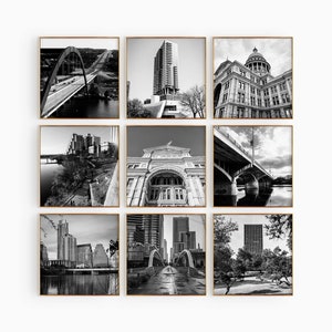 Austin Texas Conjunto minimalista de 9 impresiones cuadradas - Austin Texas Foto en blanco y negro 9 piezas Wall Art Travel Descarga instantánea de carteles de la galería